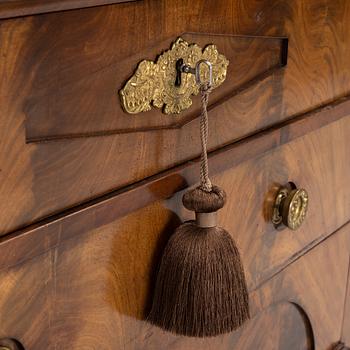 A mahogany veneered Empire chest of drawers, first half of the 20th Century.