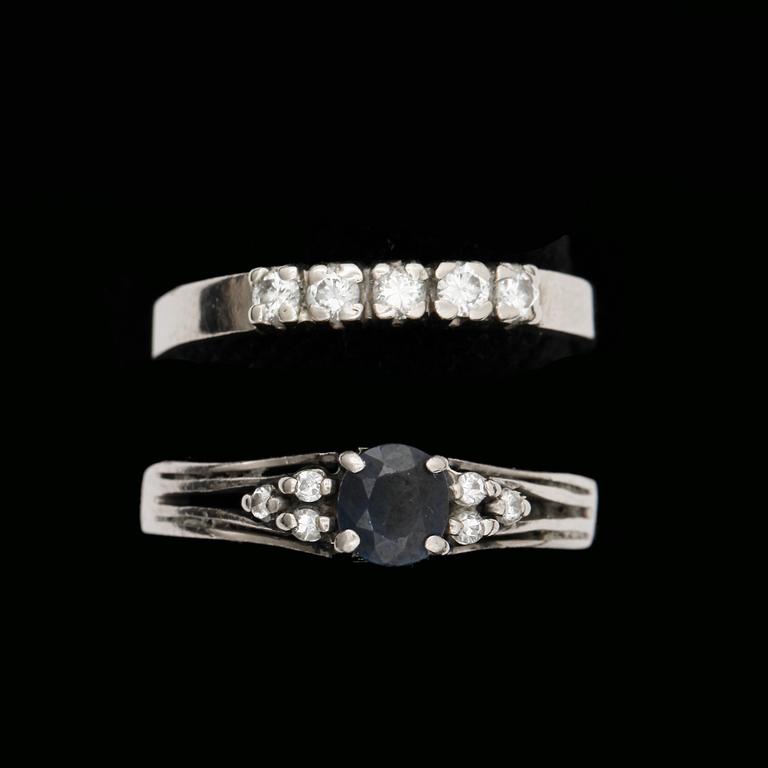 RINGAR, 2st, 18k resp 14k vitguld en med briljantslipade diamanter tot ca0,20ct och safir. Totalvikt ca ca6g.