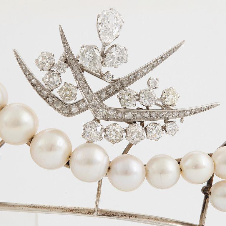 A tiara with cultured pearls and a detachable WA Bolin platinum brooch set with old-cut diamonds.