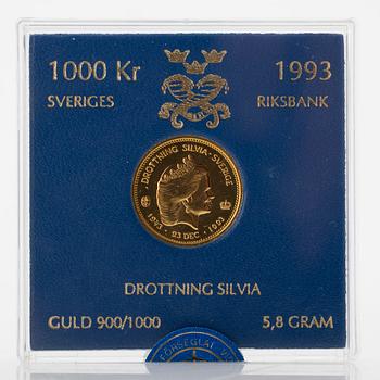 Gold coin, 21.6 carat, 1,000 kronor, Queen Silvia, Sweden, 1993. Weight 5.8 grams.