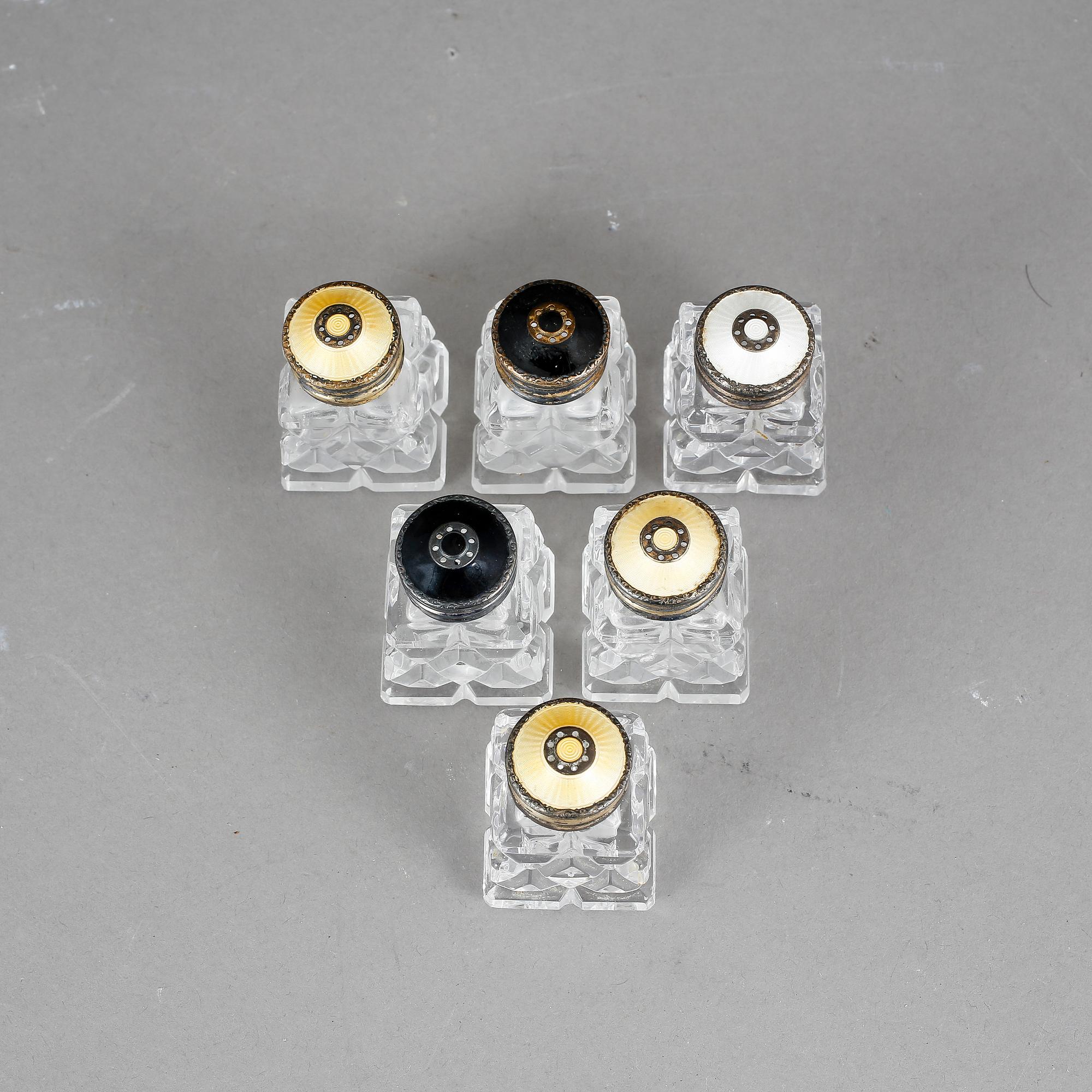 STRÖARE, 6 stycken, glas och emaljerat sterlingsilver, Norge, 1900-talets mitt.