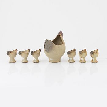 Lisa Larson, six stoneware egg cups with bowl, Sweden.