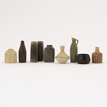 Carl-Harry Stålhane, a set of nine stoneware miniature vases, Rörstrand.