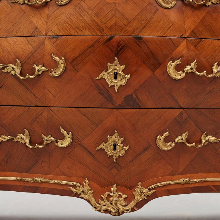 A rococo parquetry and ormolu-mounted commode attributed to L. Nordin (master 1743-1773).