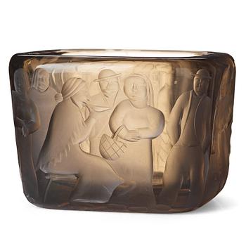 Gunnel Nyman, (born Gustafsson), "Kalatorilla market", a cut, engraved and sand blasted smoked glass bowl, Riihimäki, Finland 1937.