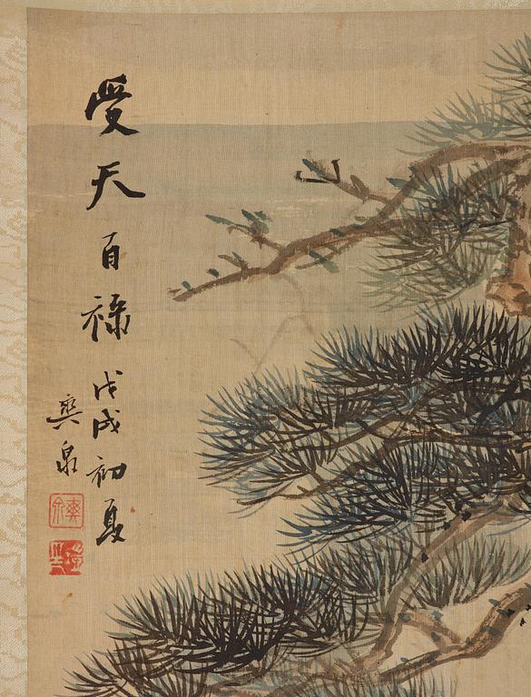 A Chinese scroll painting by Zhen kai/Zhang Shuangquan, dated 1918.