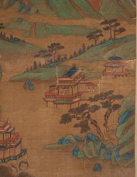 A Chinese scroll painting, ink and colour on paper, Qing dynasty after Wen Zhenming.