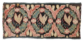 321. A carrige cushion, "Noaks duva" ('Noah's dove'), tapestry weave, c. 95.5 x 44 cm, Torna district, Southwestern Scania.