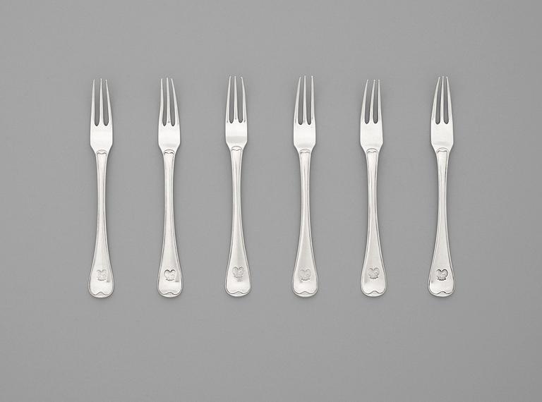 A set of six Swedish 18th century silver dessert-forks, marks of J.T. Ronander, Stockholm 1780.