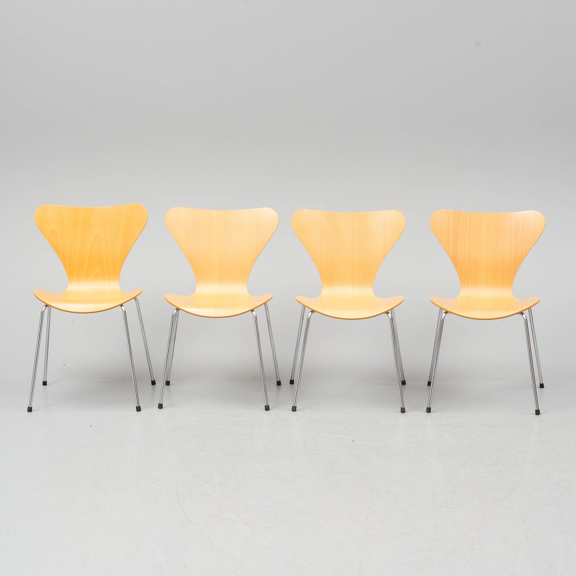 ARNE JACOBSEN, four Series 7 chairs from Fritz Hansen, Denmark, 1996-8.