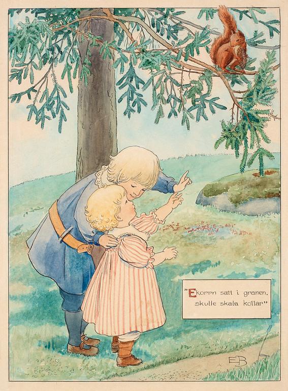 Elsa Beskow, "Ekorrn satt i granen, skulle skala kottar".