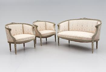 SOFFA OCH FÅTÖLJER, 3 delar, gustaviansk stil, 1900-talets första hälft.