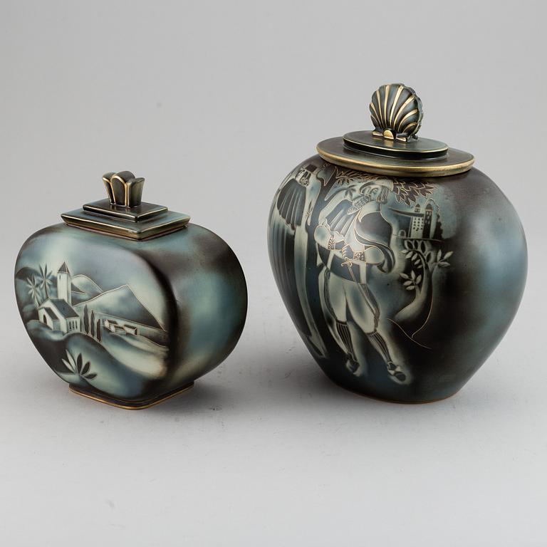 GUNNAR NYLUND, two "Flambé" stoneware urns with covers, Rörstrand, Sweden 1930-40's.