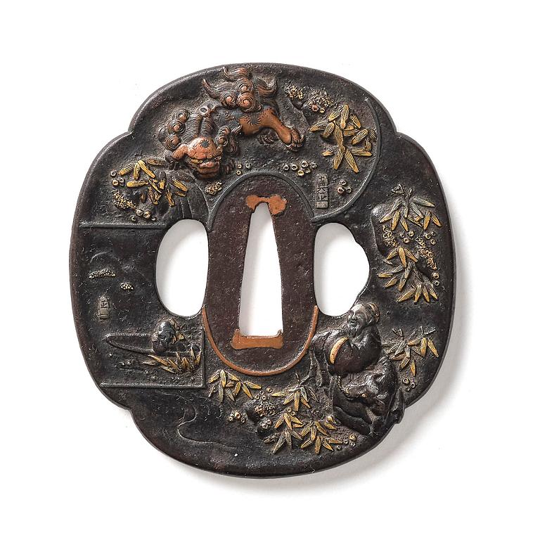 Tsuba, brons. Japan, Edo, signerad.