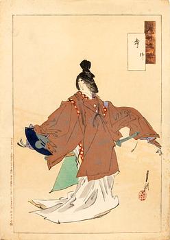 Ogata Gekko, three color woodblock prints, Japan 1890s.