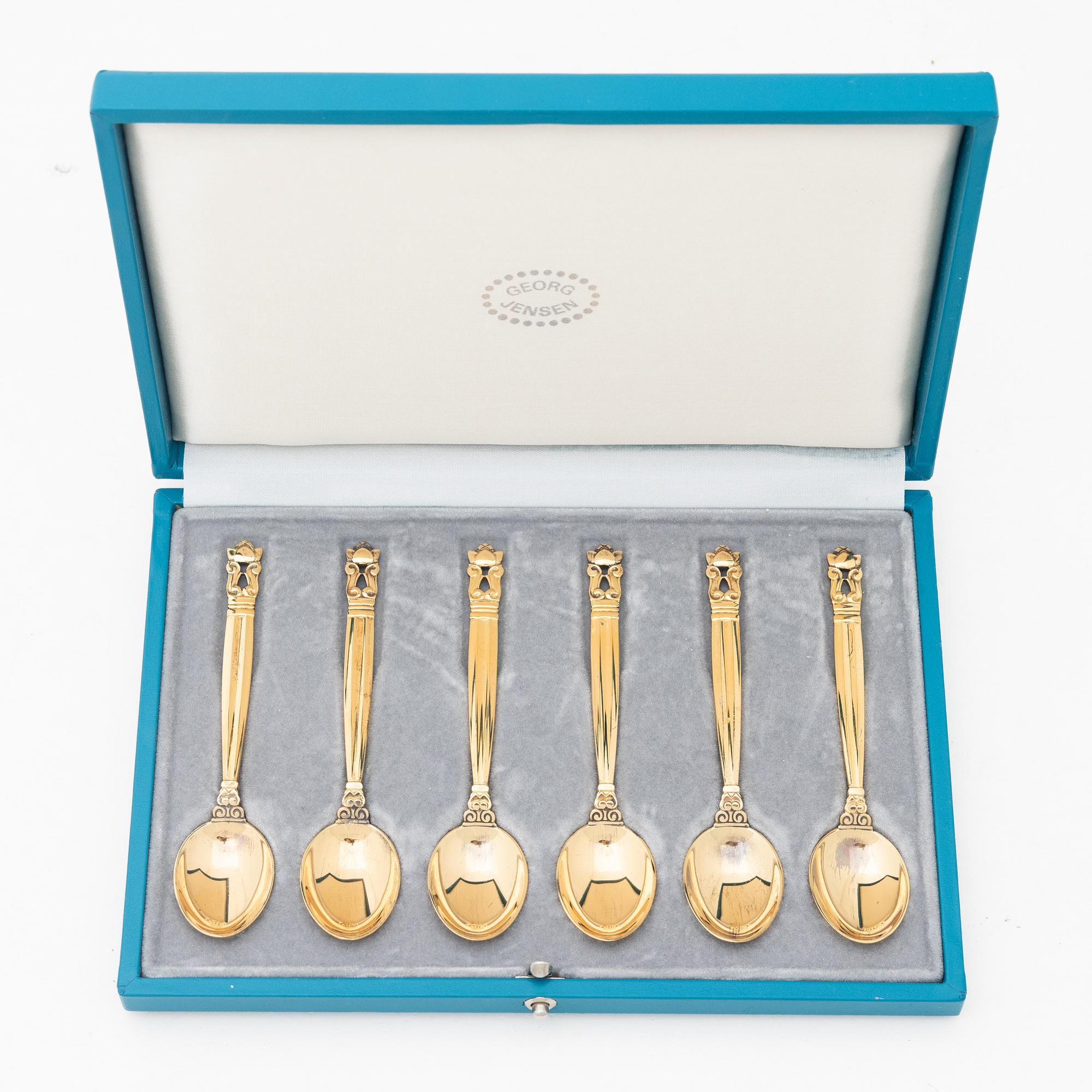 Johan Rohde, Six gilt sterling silver coffee spoons, 'Konge' / 'Acorn', Georg Jensen, Denmark.
