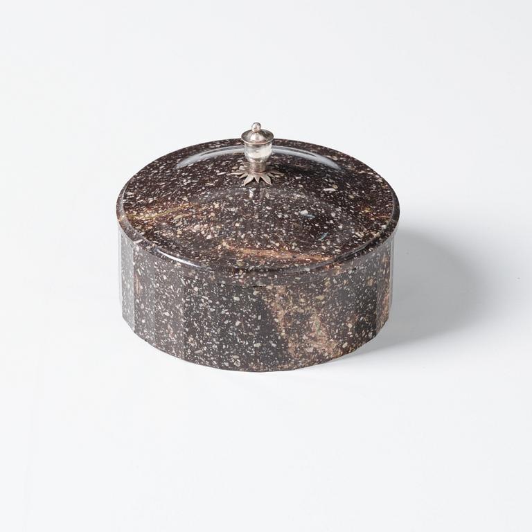 A Swedish Empire porphyry butter box with cover, 19th century.