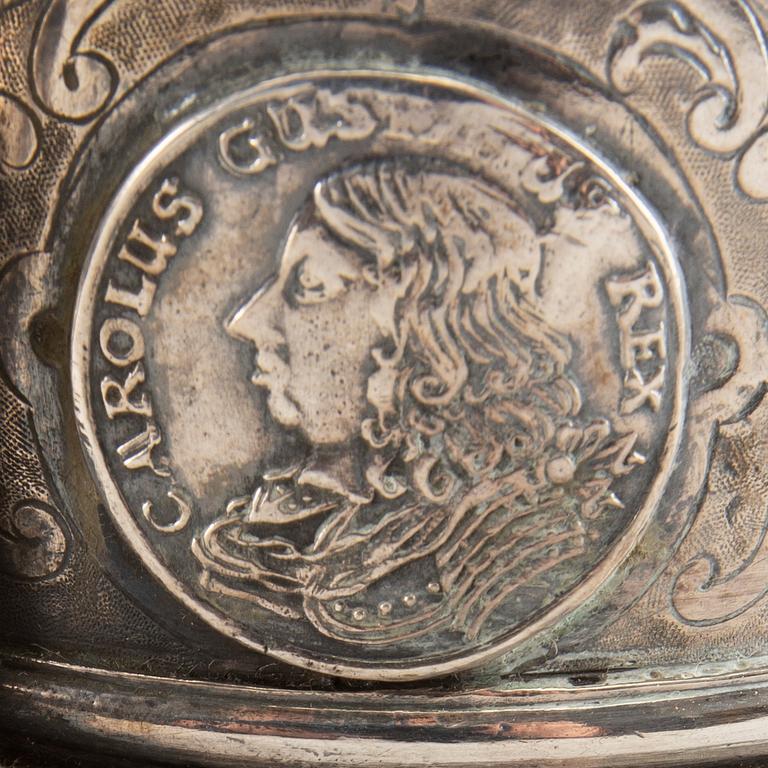 A German 18th century parcel-gilt silver coin-tankard, mark of Johann Friedrich Beyer, Schweidnitz (1736-1775).