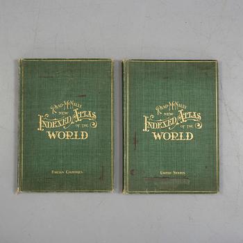 ATLAS, 2 vol, "New indexed Atlas of the world" USA respektive övriga världen, Rand McNally år omkring år 1900.