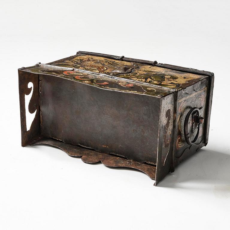 A South German presumably Nuremberg polychrome-painted wrought baroque iron casket, 17th century.