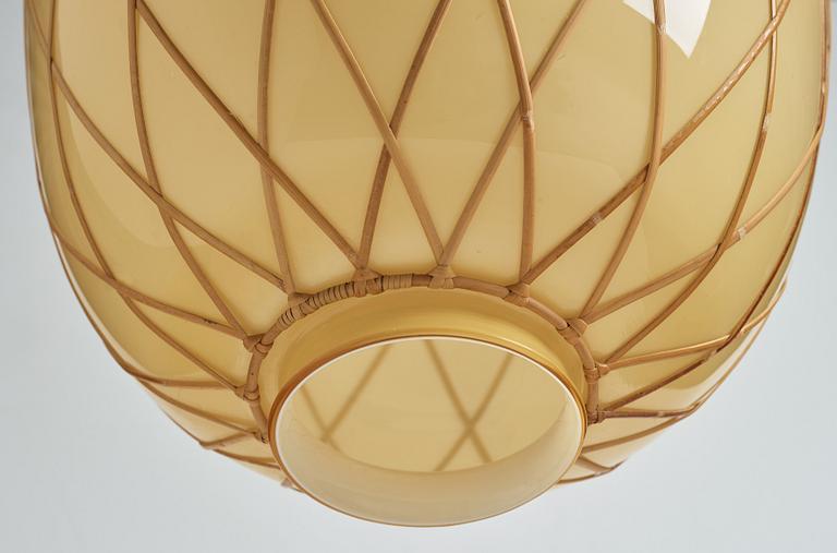 Harald Elof Notini, attributed to, a pair of vanilla coloured glass ceiling lights with fretted rattan, Böhlmarks, Stockholm 1940's.