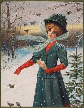 565. Jenny Nyström, You woman feeding birds in the snow.