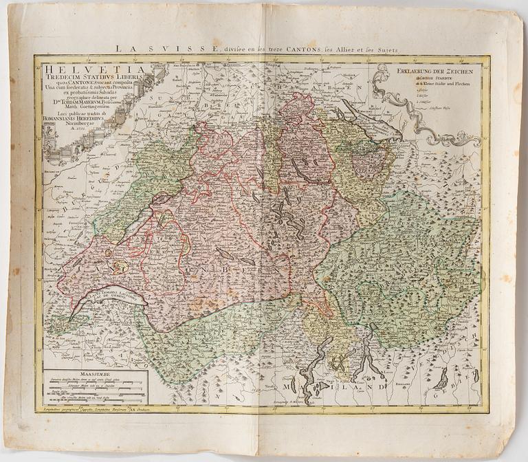 JOHANN BAPTIST HOMANN, three hand coloured maps, 18th Century.