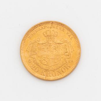 Oscar II, guldmynt, 20 kr, 1886, Typ III.