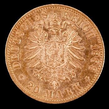 GULDMYNT, 20 mark, Friedrich Kaiser von Preussen, 1888. Vikt ca 8 g.