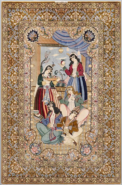 A pictoral part silk, Esfahan rug, signerad, 240 x 158 cm.