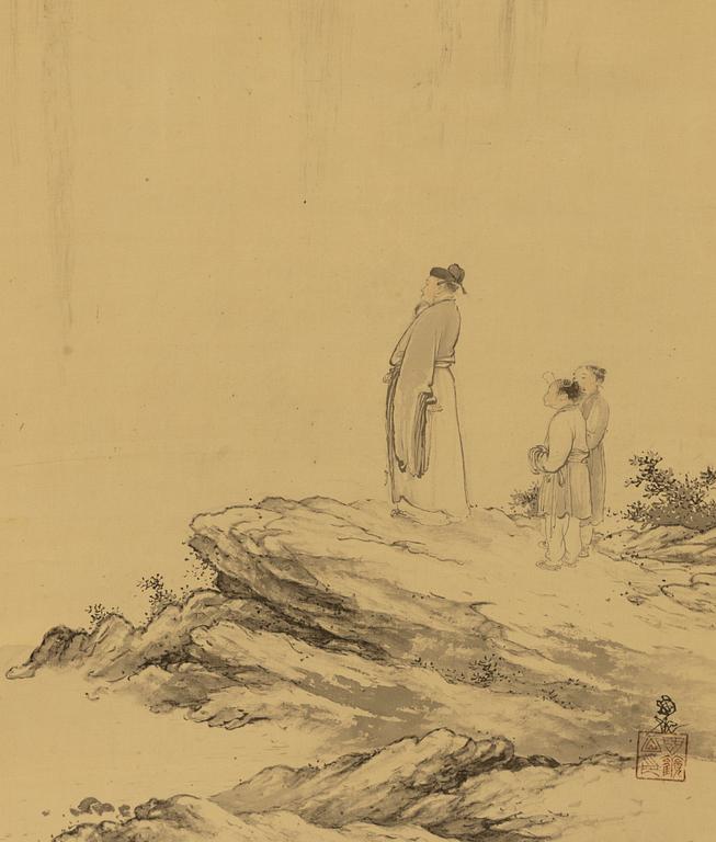 Unidentified artist, Scholar with apprentices by a waterfall, Japan, early 20th century.