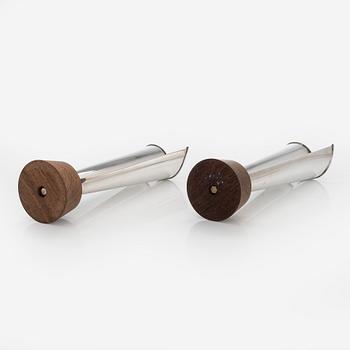 Tapio Wirkkala, two silver and teak 'Flame' vases, Kultakeskus, Hämeenlinna 1962 and 1964.