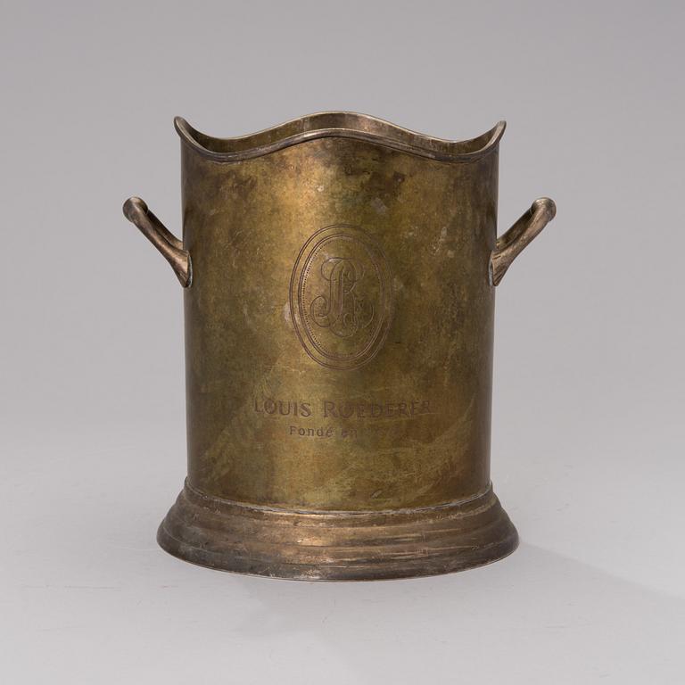 A Louis Roederer champagne cooler of silver plated brass.