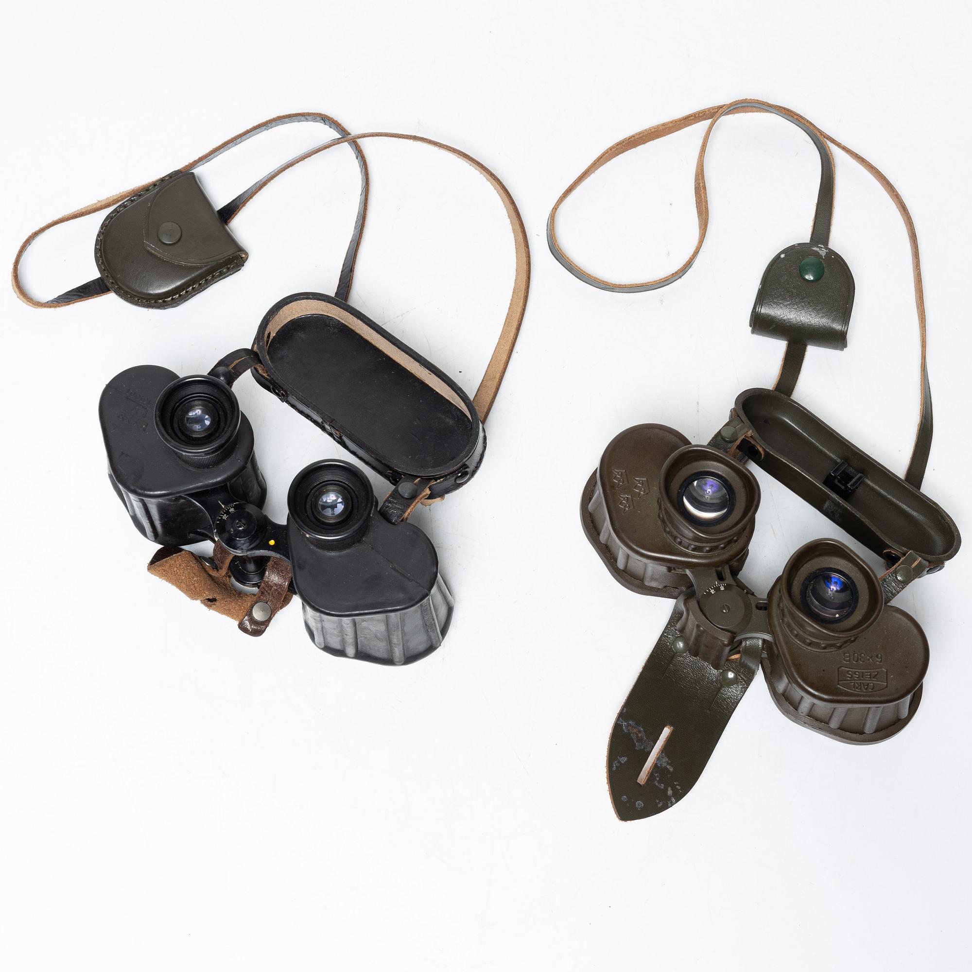 Two pairs of binoculars, Swedish Armed Forces, one marked Carl Zeiss Jena. Both with crown markings.