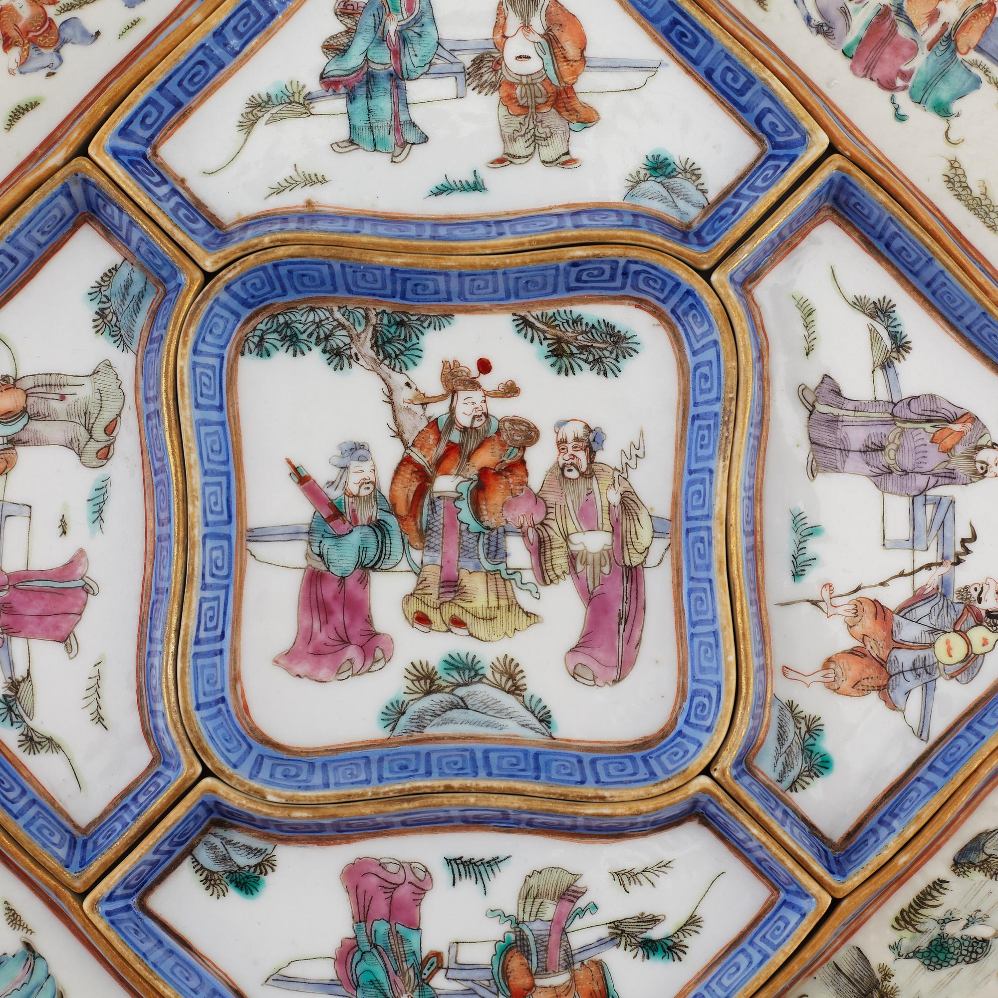 A famille rose nine piece cabaret, Qing dynasty, 19th century.