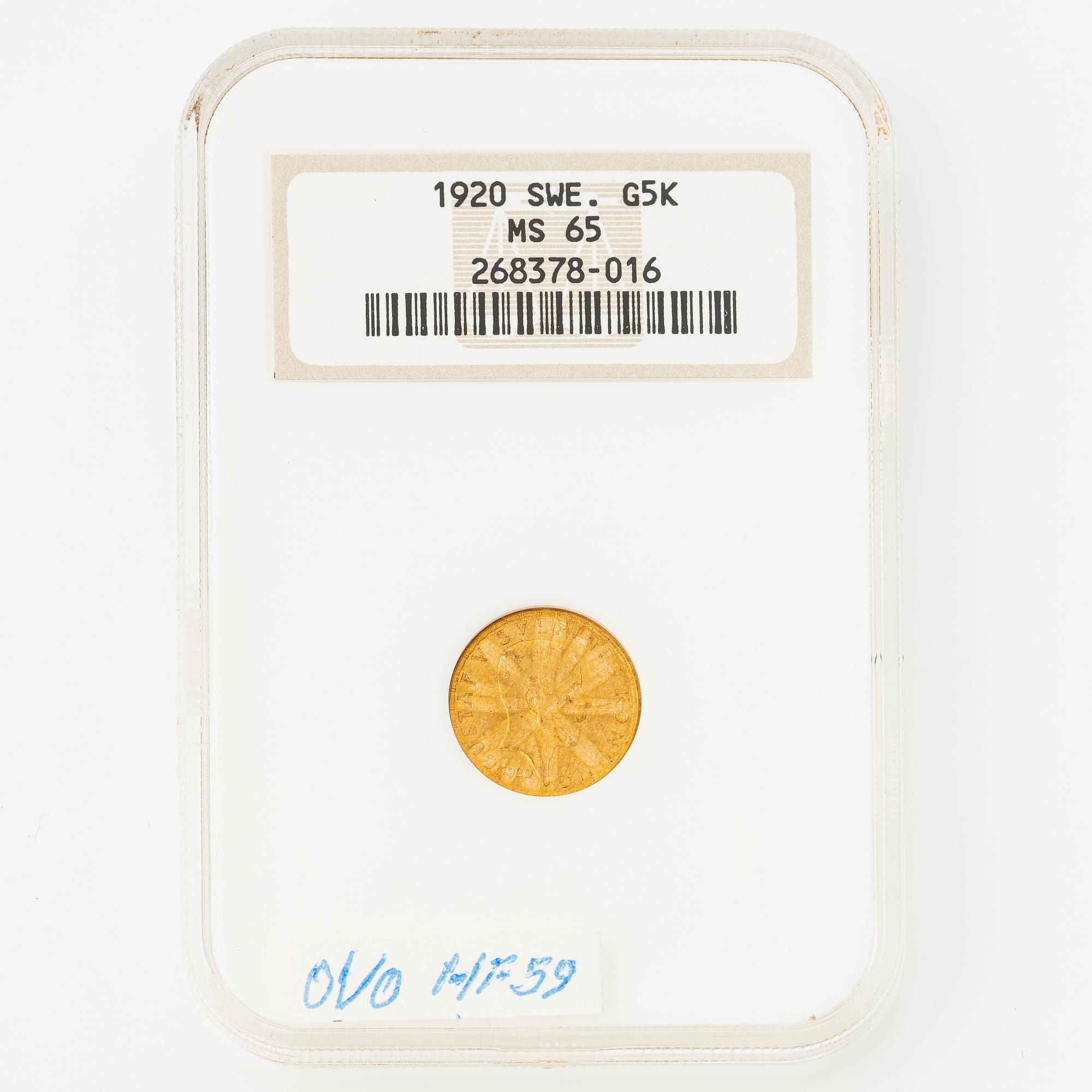 Gold coin, Gustav V, 5 kronor, Sweden 1920.