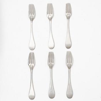 Six Swedish silver forks, mark of Conrad Thulin, Landskrona 1829.
