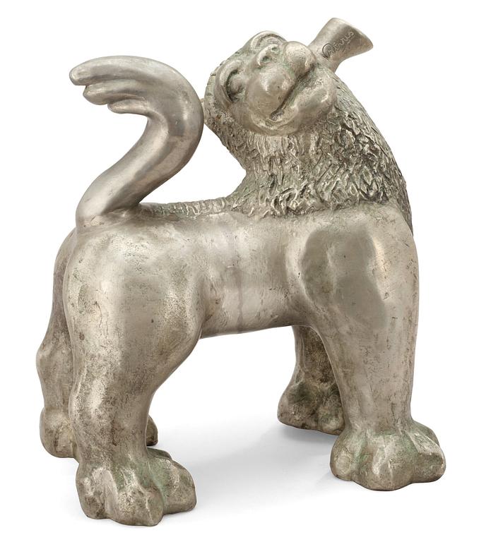 An Anna Petrus pewter bottle in the shape of a lion, Herman Bergman, Stockholm 1923-25.