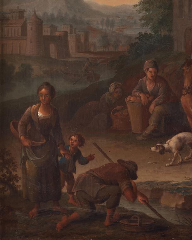 Dutch master, 18Th Century, Landscape with figures and buildings.