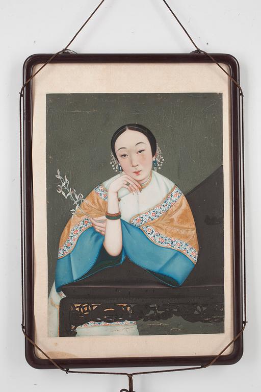 An oil painting of a lady holding an orchid, Qing dynasty, 19th Century.