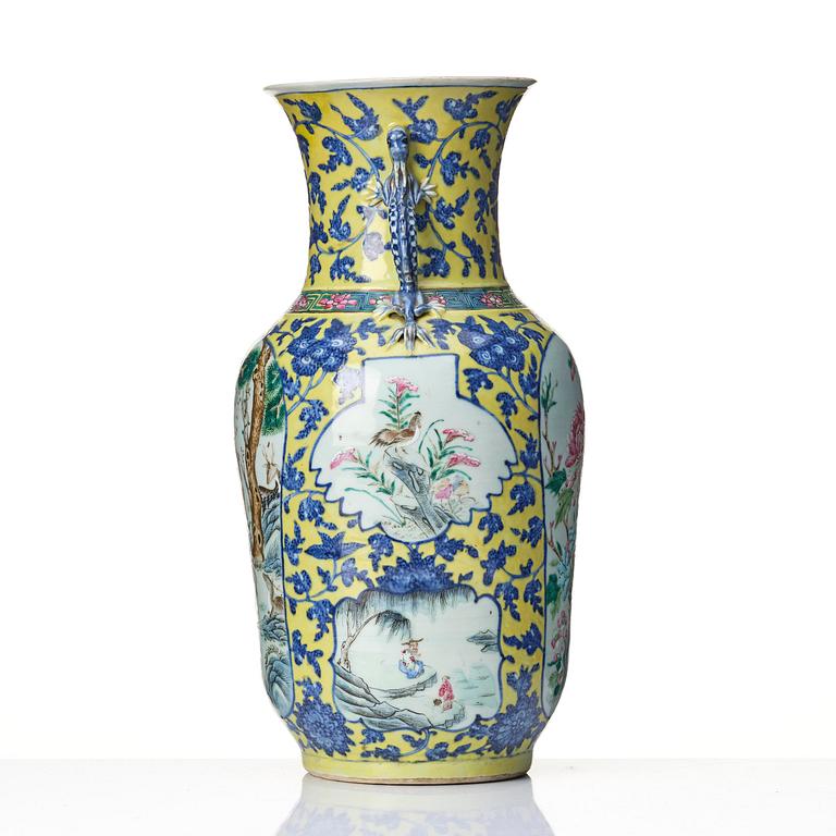 A famille rose yellow ground vase, late Qing dynasty.