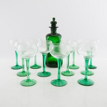 Wine glasses 11 pcs and a decanter, first half of the 20th century.