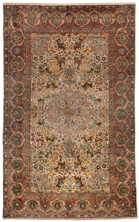 A RUG. A semi-antique silk figural souf (in relief), probably India. 208 x 128,5 cm (as well as two cm flat weave at.