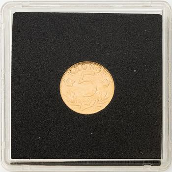 Guldmynt, Gustav V, 5 kronor, Sverige 1920.