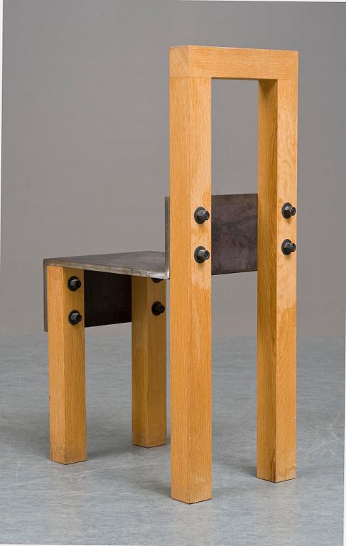 A Jonas Bohlin oak and iron chair "Sto", Stockholm 1990.