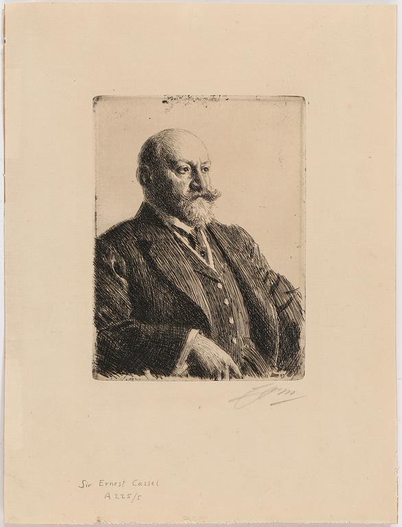ANDERS ZORN etsning, "Sir Ernest Cassel", signerad i blyerts, signerad och daterad 1909 i plåten.
