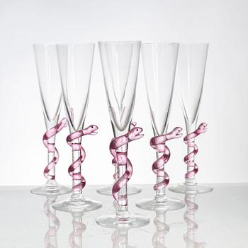 Ulrica Hydman-Vallien, six champagne glasses, Kosta Boda.