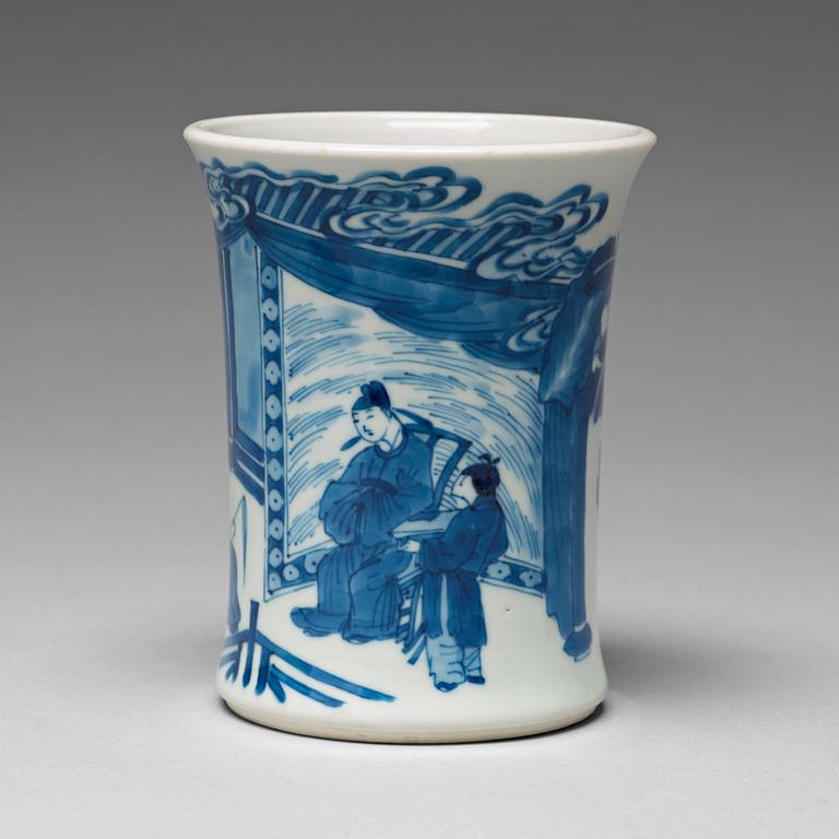 A blue and white Transitional brush pot, 17th Century with Chenghua mark.