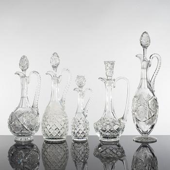 KARAFFER, 5 stycken, glas, 1900-talets första hälft.