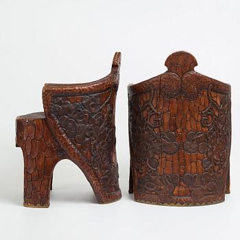 Gustaf Fjaestad, a pair of Art Nouveau carved pine chairs "stabbestolar", Arvika Sweden 1908-1909.